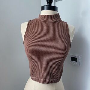 Medium Aurora Brown Ribbed Mock Neck Crop Top Minimalist Staple 1267